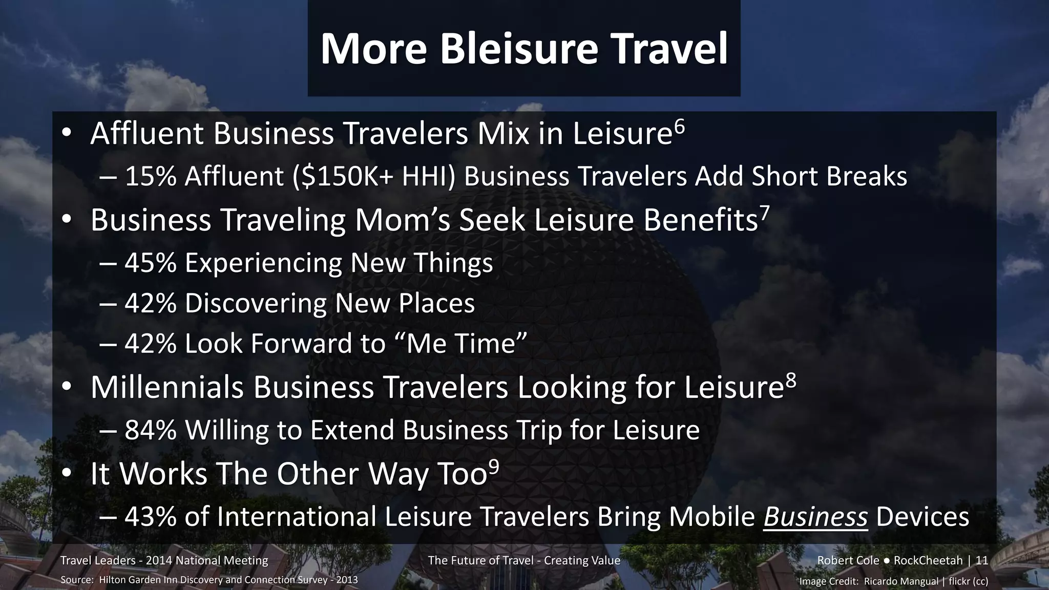 More Bleisure Travel
• Affluent Business Travelers Mix in Leisure6
– 15% Affluent ($150K+ HHI) Business Travelers Add Short Breaks
• Business Traveling Mom’s Seek Leisure Benefits7
– 45% Experiencing New Things
– 42% Discovering New Places
– 42% Look Forward to “Me Time”
• Millennials Business Travelers Looking for Leisure8
– 84% Willing to Extend Business Trip for Leisure
• It Works The Other Way Too9
– 43% of International Leisure Travelers Bring Mobile Business Devices
Travel Leaders - 2014 National Meeting The Future of Travel - Creating Value Robert Cole ● RockCheetah | 11
Image Credit: Ricardo Mangual | flickr (cc)Source: Hilton Garden Inn Discovery and Connection Survey - 2013
 