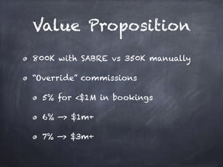 Value Proposition
800K with SABRE vs 350K manually
“Override” commissions
5% for <$1M in bookings
6% —> $1m+
7% —> $3m+
 
