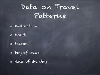 Data on Travel
Patterns
Destination
Month
Season
Day of week
Hour of the day
 