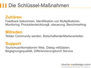 Die Schlüssel-MaßnahmenZuhörenFeedback bekommen, Identifikation von Multiplikatoren, Monitoring, Produktentwicklung & -steuerung, Benchmarking MitredenTeilder Community werden, BotschaftenderMarkeverteilenSupportTourismusinformationim Web, Dialog mitGästen, Begegnungsqualität, Differenzierungdurch Service