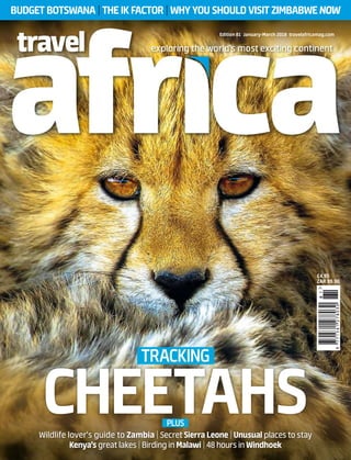 £4.95
ZAR 99.90
Edition 81 January-March 2018 travelafricamag.com
BUDGETBOTSWANA | THE IK FACTOR | WHYYOUSHOULDVISITZIMBABWENOW
Wildlife lover’s guide to Zambia | Secret Sierra Leone | Unusual places to stay
Kenya’s great lakes | Birding in Malawi | 48 hours in Windhoek
CHEETAHS
TRACKING
PLUS
 