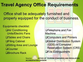Equipments checklist:
Air Conditioning
Units/Electric Fans
Tables and Chairs
Filing Cabinet
Sitting Area and Lounge
Counter
Brochure Rack
Telephone and Fax
Machine
Computers and Printers
Global Distribution System
(GDS) or Computer
Reservation System (CRS)
Fire Extinguishers
Office shall be adequately furnished and
properly equipped for the conduct of business.
Travel Agency Office Requirements
Source: OFFICE OF TOURISM STANDARDS AND REGULATION
ACCREDITATION DIVISION
 