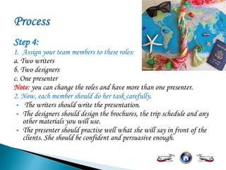 Step 4:
1. Assign your team members to these roles:
a. Two writers
b. Two designers
c. One presenter
Note: you can change the roles and have more than one presenter.
2. Now, each member should do her task carefully.
 The writers should write the presentation.
 The designers should design the brochures, the trip schedule and any
other materials you will use.
 The presenter should practise well what she will say in front of the
clients. She should be confident and persuasive enough.
 
