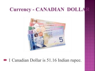 Currency - CANADIAN DOLLAR
 1 Canadian Dollar is 51.16 Indian rupee.
 