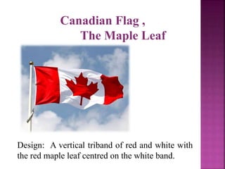 Canadian Flag ,
The Maple Leaf
Design: A vertical triband of red and white with
the red maple leaf centred on the white band.
 