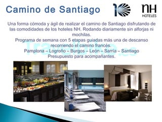 Una forma cómoda y ágil de realizar el camino de Santiago disfrutando de
las comodidades de los hoteles NH. Rodando diariamente sin alforjas ni
mochilas.
Programa de semana con 5 etapas guiadas más una de descanso
recorriendo el camino francés.
Pamplona – Logroño – Burgos – León – Sarría – Santiago
Presupuesto para acompañantes.
Camino de Santiago
 