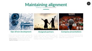 15
Ops-driven development
Release notes are publicly available, suggestions are
continuously captured via Slack and email, the
suggestions log is adjusted weekly with two groups:
-Product planners: operational improvements
-Regional managers: overall program direction
Assigned partners
In each country team, operational partners are
assigned from each team to conduct business
analytics, audit the product portfolio, and
coordinate learnings within their discipline
Company presentations
Changes in personalisation and impacts are shared
each month in a company-wide presentation and
weekly with company leadership
Maintaining alignmentBuilding a real personalised offer
 