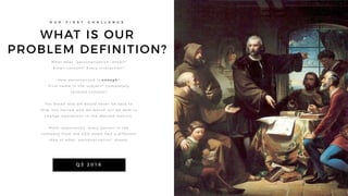 WHAT IS OUR
PROBLEM DEFINITION?
O U R F I R S T C H A L L E N G E
W h a t d o e s “ p e r s o n a l i z a t i o n ” e n t a i l ?
E m a i l co n t e n t ? E ve r y i n t e ra c t i o n ?
H ow p e r s o n a l i z e d i s e n o u g h ?
F i r s t n a m e i n t h e s u b j e c t ? Co m p l e t e l y
t a i l o r e d co n t e n t ?
To o b r o a d a n d we wo u l d n eve r b e a b l e t o
s h i p ; t o o n a r r ow a n d we wo u l d n o t b e a b l e t o
c h a n g e o p e ra t i o n s i n t h e d e s i r e d fa s h i o n .
M o r e i m p o r t a n t l y , eve r y p e r s o n i n t h e
co m p a ny f r o m t h e C E O d ow n h a d a d i f f e r e n t
i d e a o f w h a t “ p e r s o n a l i z a t i o n ” m e a n t .
Q 3 2 0 1 6
 