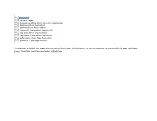The clipboard is divided into pages which contain different types of information. For our purposes we are interested in the page called User
Pages. Expand the User Pages and select pyWorkPage.
 