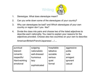 Writing
1. Stereotype. What does stereotype mean?
2. Can you write down some of the stereotypes of your country?
3. Why can stereotypes be bad? and Which stereotypes of your own
country or region don´t you like?
4. Divide the class into pairs and choose two of the listed adjectives to
describe each nationality. You need to explain your reasons for the
adjectives provided. Choose also two countries on your own to describe:
American/British/French/Japanese/..../....
aggressive
polite
rude
arrogant
ignorant
casual
hospitable
talkative
sociable
serious
quiet
formal
outgoing
nationalistic
well-dressed
humorous
lazy
sophisticated
punctual
tolerant
romantic
respectful
Hard-working
emotional
 