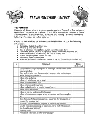 TRAVEL BROCHURE PROJECT
You’re Mission
Students will design a travel brochure about a country. They will tri-fold a piece of
poster board to make their brochure. It should be written from the perspective of
a travel agency. It should be neat, attractive, and inviting. It should include the
following information as well as pictures.
Create a travel brochure for an international destination. Include the following
information:
 Facts about that city (population, etc.)
 When to go (best time of year)
 How to get around (transportation to/from and while you are there)
 TWO PANEL SPREAD: At least four places of interest (landmarks, attractions, etc.)
 Historical information about that city and a city or country map
 At least four photographs taken in that city
 Information on the currency used
 Any other pertinent information for a traveler to that city (immunizations required, etc.)
 Required Points
Deducted
Appropriate setup (margins/layout guides set according to Publisher packet); panels
in appropriate places
Cover panel: Attractive cover that captures the true essence of the location (may use
Wordart, Flaming Text, graphics, etc.)
Includes a high quality map
Includes city facts (covered appropriately)
Includes information on when to go
Includes information on transportation
Includes quality information on important places of interest
Includes historical information
Includes at least four good high-quality photographs
Includes information on currency and perhaps an example of what the currency looks
like
Other information: Maybe cultural awareness, a few words in their language, tips for
travelers (find some good info)
Sections are divided appropriately using rules or other types of graphic lines
Layout: Is it professional, appealing, not too crowded, not too much white space, and
does it keep the reader's interest?
Spelling/grammar
Printed double sided, folded, on either tan or gray paper
 