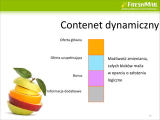 Contenet	
 ?dynamiczny
        Oferta	
 ?g?wna



  Oferta	
 ?uzupe?niaj?ca   Mo?liwo??	
 ?zmieniania,	
 ?
                            ca?ych	
 ?blokw	
 ?maila	
 ?
                            w	
 ?oparciu	
 ?o	
 ?za?o?enia	
 ?
                  Bonus
                            logiczne

Informacje	
 ?dodatkowe




                                                                 18
 