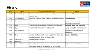 History
DE 8100 Microeconomics Theory 4
Years Authors Development of the Travel Cost Method
1947 Harold Hotelling Proposed a method for measuring the benefits provided by
recreation sites
Travel Cost Model
1958 Trice and Wood Applied the travel cost model to various non-market valuation
problems
Zonal Approach
( using Travel distances and
demographic information)
1959 Clawson
1970 Brown Developed the individual travel cost approach to overcome
some of the limitations of the zonal approach
Individual Travel Cost Approach
(using survey data specific to each
individual’s travel distance and
demographic)
1973 Nawas
1975 Gum and Martin
1981 Morey Innovated the Radom utility model to explain the choice of a
particular recreation site as an outcome of a
utility maximization problem
Random Utility Model
1983 Peterson et al.
1984 Hanemann
1984 Brown and Mendelsohn Developed the hedonic travel cost model to value the
characteristic of the site by examining the implicit prices
Hedonic Travel Cost Model
 