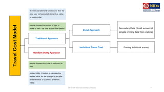 Travel
Cost
Model
Traditional Approach
Zonal Approach
Secondary Data (Small amount of
simple primary data from visitors)
Individual Travel Cost Primary Individual survey
Random Utility Approach
DE 8100 Microeconomics Theory 5
people choose which site in particular to
visit
Indirect Utility Function to calculate the
welfare value for the changes in the site
characteristics or qualities (Freeman,
1993)
people choose the number of trips to
make to each site over a given time period
A travel cost demand function and find the
area user compensated demand as value
of existing site
 
