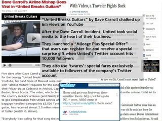 “ United Breaks Guitars” by Dave Carroll chalked up 6m views on YouTube After the Dave Carroll incident, United took social media to the heart of their business. They launched a “Mileage Plus Special Offer” that users can register for and receive a special surprise gift when United’s Twitter account hits 10,000 followers They also use ‘twares’:  special fares exclusively available to followers of the company’s Twitter account 