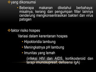 yang dikonsumsi
• Beberapa makanan diketahui berbahaya:
misalnya, kerang dan pengumpan filter lainnya
cenderung mengkonsentrasikan bakteri dan virus
patogen
faktor risiko hospes
Variasi dalam kerentanan hospes
• Hipokloridia lambung
• Meningkatnya pH lambung
• Imunitas yang lemah
(infeksi HIV dan AIDS, kortikosteroid dan
terapi imunosupresif, defisiensi IgA)
 