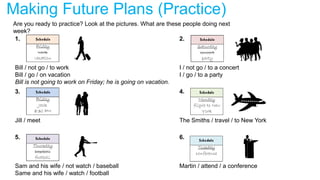 Making Future Plans (Practice)
Are you ready to practice? Look at the pictures. What are these people doing next
week?
1.
Bill / not go / to work
Bill / go / on vacation
Bill is not going to work on Friday; he is going on vacation.
2.
I / not go / to a concert
I / go / to a party
3.
Jill / meet
4.
The Smiths / travel / to New York
5.
Sam and his wife / not watch / baseball
Same and his wife / watch / football
6.
Martin / attend / a conference
 