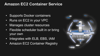 Amazon EC2 Container Service
• Supports Docker containers
• Runs on EC2 in your VPC
• Manages cluster resources
• Flexible scheduler built in or bring
your own
• Integrates with ELB, EBS, IAM
• Amazon EC2 Container Registry
 