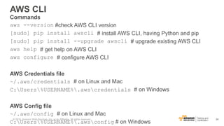 24
AWS CLI
© 2016, Amazon Web Services, Inc. or its Affiliates. All rights reserved.
Commands
aws --version #check AWS CLI version
[sudo] pip install awscli # install AWS CLI, having Python and pip
[sudo] pip install --upgrade awscli # upgrade existing AWS CLI
aws help # get help on AWS CLI
aws configure # configure AWS CLI
AWS Credentials file
~/.aws/credentials # on Linux and Mac
C:Users%USERNAME%.awscredentials # on Windows
AWS Config file
~/.aws/config # on Linux and Mac
C:Users%USERNAME%.awsconfig # on Windows
 