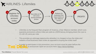 The Milelion Travel Better for Less www.milelion.com, admin@milelion.com
AIRLINES- Lifemiles
• Lifemiles is the frequent flyer program of Avianca, a Star Alliance member, which runs
quarterly promotions where miles are sold at a 100% bonus, bringing down the cost to
1.5-1.65 US cents per mile
• This provides an arbitrage opportunity whereby it is cheaper to buy the miles and
redeem a first/business class ticket as opposed to buying the ticket itself
• In order to participate in this promotion, your account must be open before the
promotion is announced. Open an account here- http://bit.ly/QeAkyy
Register for
Lifemiles
account
today
PROFIT!
Buy miles at 1.5-
1.65 cents
during quarterly
promo
Redeem for
business/first
class tickets on
Star Alliance
carriers
51 2 3 4 6
 