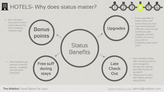 The Milelion Travel Better for Less www.milelion.com, admin@milelion.com
HOTELS- Why does status matter? 51 2 3 4 6
Bonus
points
Late
Check
Out
Upgrades
Free suff
during
stays
• Enjoy upgrades to
better rooms and
suites when you stay
• Hyatt and Starwood
offer the chance to get
confirmed suite
upgrades a limited
number of times a
year, and on
availability basis other
times
• Elite members
earn points bonus
points above that
which ordinary
members get
• Elite members enjoy
late checkouts (4pm in
some programs,
though this may be
extended further on
goodwill)
• Allows you to catch
later flights without
paying extra
Status
Benefits
• Elite members get
premium internet
access, breakfast
and welcome
amenities
 