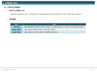 Last Update: 2015-01-15 22
5. 전체화면 설정
• 용어설명
• 스테이지 선택화면 소개
- 플레이어가 플레이하고 싶은 스테이지를 선택 가능한 화면으로 C이상의 등급을 받으면 다음 스테이지를 보상 받는다.
용어 설명
선택 영역 - 해당 영역에서만 스테이지 선택이 가능하다. * 자세한 설명은 [3.4. 스테이지 선택 방법]을 참조한다.
START (버튼) - 해당 버튼을 터치하면 선택한 스테이지를 시작한다.
BACK (버튼) - 해당 버튼을 터치하면 스테이지 선택화면으로 돌아간다.
5.5. 스테이지선택화면
 