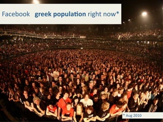 Facebook   greek popula+on right now*




                                        * Aug 2010
 