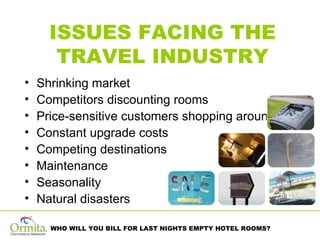 Shrinking market Competitors discounting rooms Price-sensitive customers shopping around Constant upgrade costs Competing destinations Maintenance Seasonality  Natural disasters ISSUES FACING THE TRAVEL INDUSTRY 