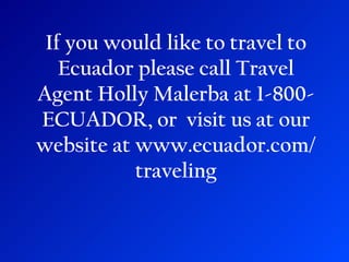 If you would like to travel to Ecuador please call Travel Agent Holly Malerba at 1-800-ECUADOR, or  visit us at our website at www.ecuador.com/traveling 