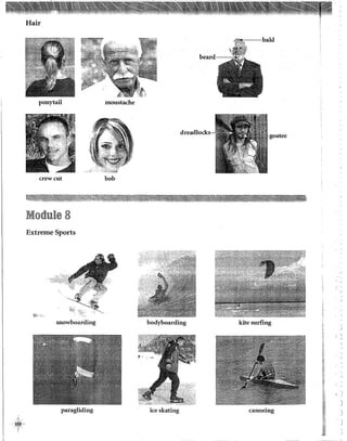 ,';;;
1oo
'""'',
-,.-1
Hair
ponytail
crewcut
Module 8
Extreme Sports
''-2>
'U'' ,
snowboardíng
paragliding
moustache
dreadlocks
bob
bodyboarding
ice skating
kitesurfmg
canoeing
 ;
)
)
)
 