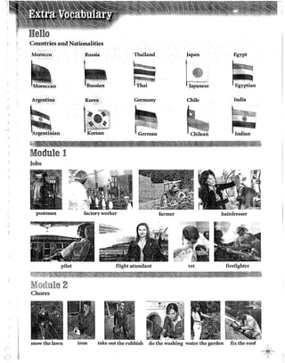 '
'
"¡
iJ.
M·
Countries and Nationalities
M6tocco· Russia
Argendn~ Korea
Module l
Jobs
Thaila.nd·
~.
...
~1··.,
Thai
Germany
postman factoryworker
pilot flight attendant
farmer
Japan
~
•
Japanese
Chile
vet
Egypt.
India
hairdresser
firefighter
~~{~~~~-~t~~~~~,,~~~~~~~~t~~
""' ,,, '<l,. ~ 2
l'lfffi.t~€).@!xle
Chores
mowthelawn iron take out the rubbish do the washing water the garden fix the roof
 