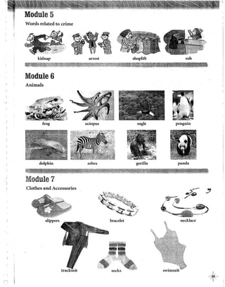 ')
Words related to crime
kidnap arrest shoplift rob
~-y~~~~~~~~~~~~&~¿~~~1~~l3.:~~;t~--~~,~~1Viilii~
Module 6
Animals
frog octopus eagle penguin
dolphin zebra gorilla panda
-~1~""~~t,iii~~llfi'l~ll~~~~".,"~~~~,
Module 7
Clothes and Accessories
slippers
(~~~~~;~1{:}
~.~
.."'··.·. .:· 'ílx.~~~'
~··. ""- ~$li.•.•,,
!¿ji~fili":>J· 'i' .·. .: ~~;,
~'"í·)~.
-· "'.
-.··.:;''
~''"~···''
bracelet
;r- .
~r- . -~ :;¡
,w .~.··, ./ ·-
•
• ¿l!l!l'
...__ .•
"'"-· ,,,.b!.•,.~
...
····· r¡,(fff(({{(/t. ~-";,/
-~~,.~.-·"·"".
necklace
swimsuit
. ~~
 