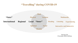 “Inner”LocalRegionalInternational MindOu
“Travelling” during COVID-19
Poh-Sun Goh
3 November 2020 @ 0603am
Mind
Physical
Mindful
Spiritual Social
Vocation
Reading Listening Experiencing
Multimedia
Interactive and Immersive
“Outer”
 