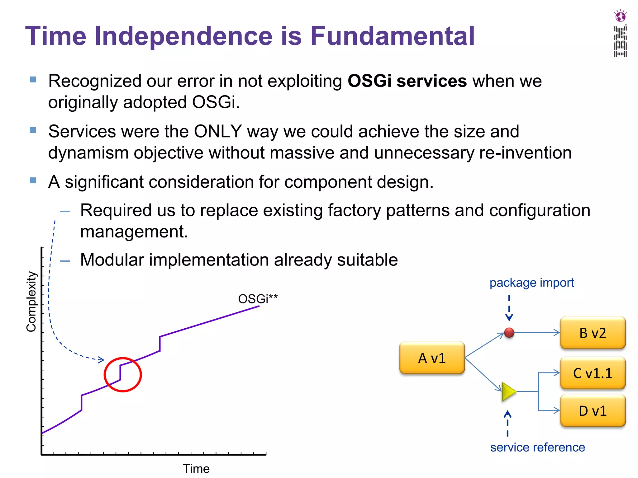 Time Independence is Fundamental
 Recognized our error in not exploiting OSGi services when we
originally adopted OSGi.

 Services were the ONLY way we could achieve the size and
dynamism objective without massive and unnecessary re-invention

 A significant consideration for component design.
– Required us to replace existing factory patterns and configuration
management.
Complexity

– Modular implementation already suitable
package import
OSGi**

B v2
A v1

C v1.1
D v1
service reference

Time

 