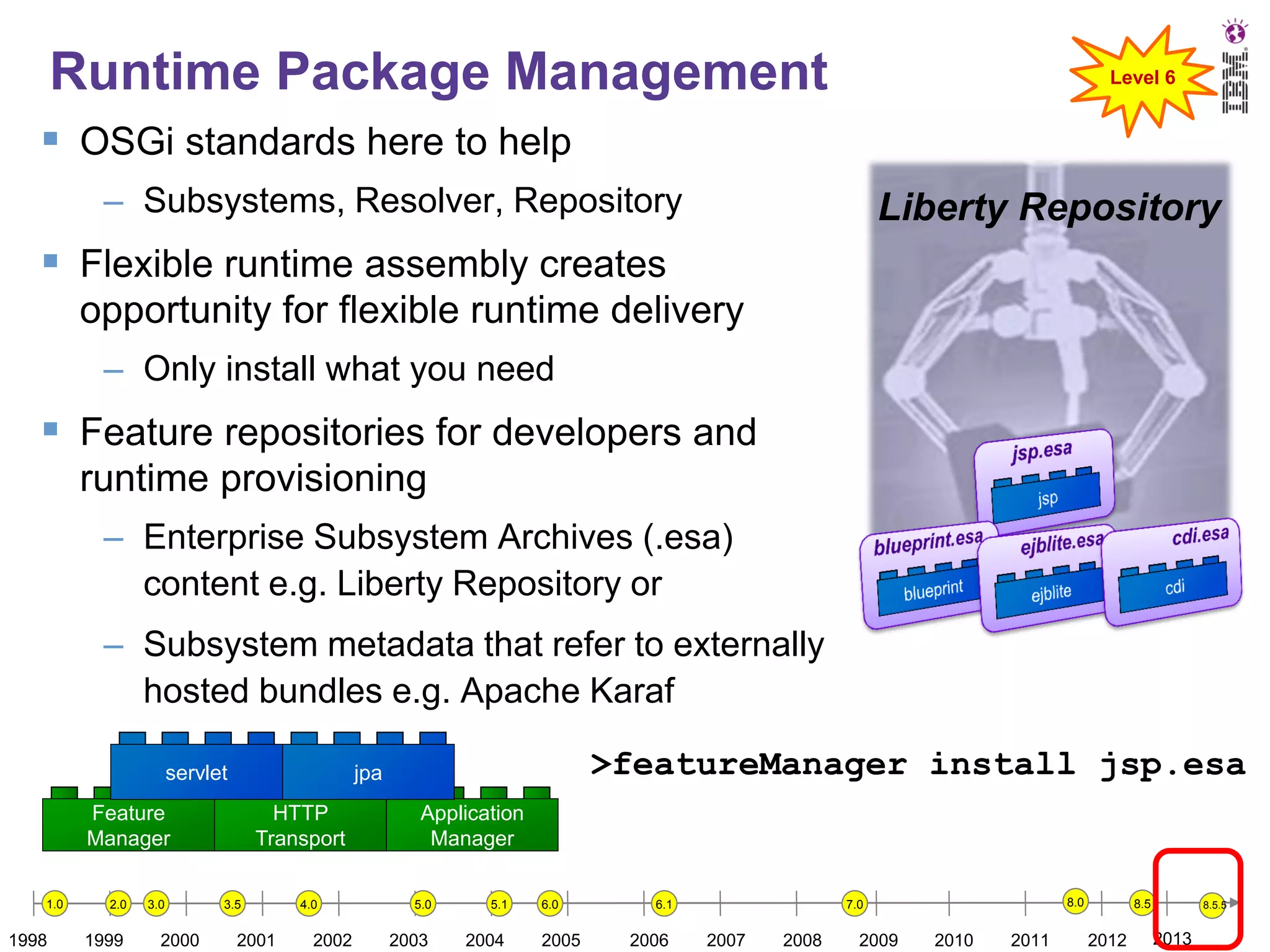 Runtime Package Management

Level 6

 OSGi standards here to help
– Subsystems, Resolver, Repository

Liberty Repository

 Flexible runtime assembly creates
opportunity for flexible runtime delivery
– Only install what you need

 Feature repositories for developers and
runtime provisioning
– Enterprise Subsystem Archives (.esa)
content e.g. Liberty Repository or

– Subsystem metadata that refer to externally
hosted bundles e.g. Apache Karaf
servlet
Feature
Manager
1.0

1998

2.0

1999

3.0

2000

>featureManager install jsp.esa

jpa
HTTP
Transport

3.5

2001

4.0

2002

Application
Manager
5.0

5.1

2003

2004

6.0

2005

6.1

2006

8.0

7.0

2007

2008

2009

2010

2011

8.5

2012

8.5.5

2013

 