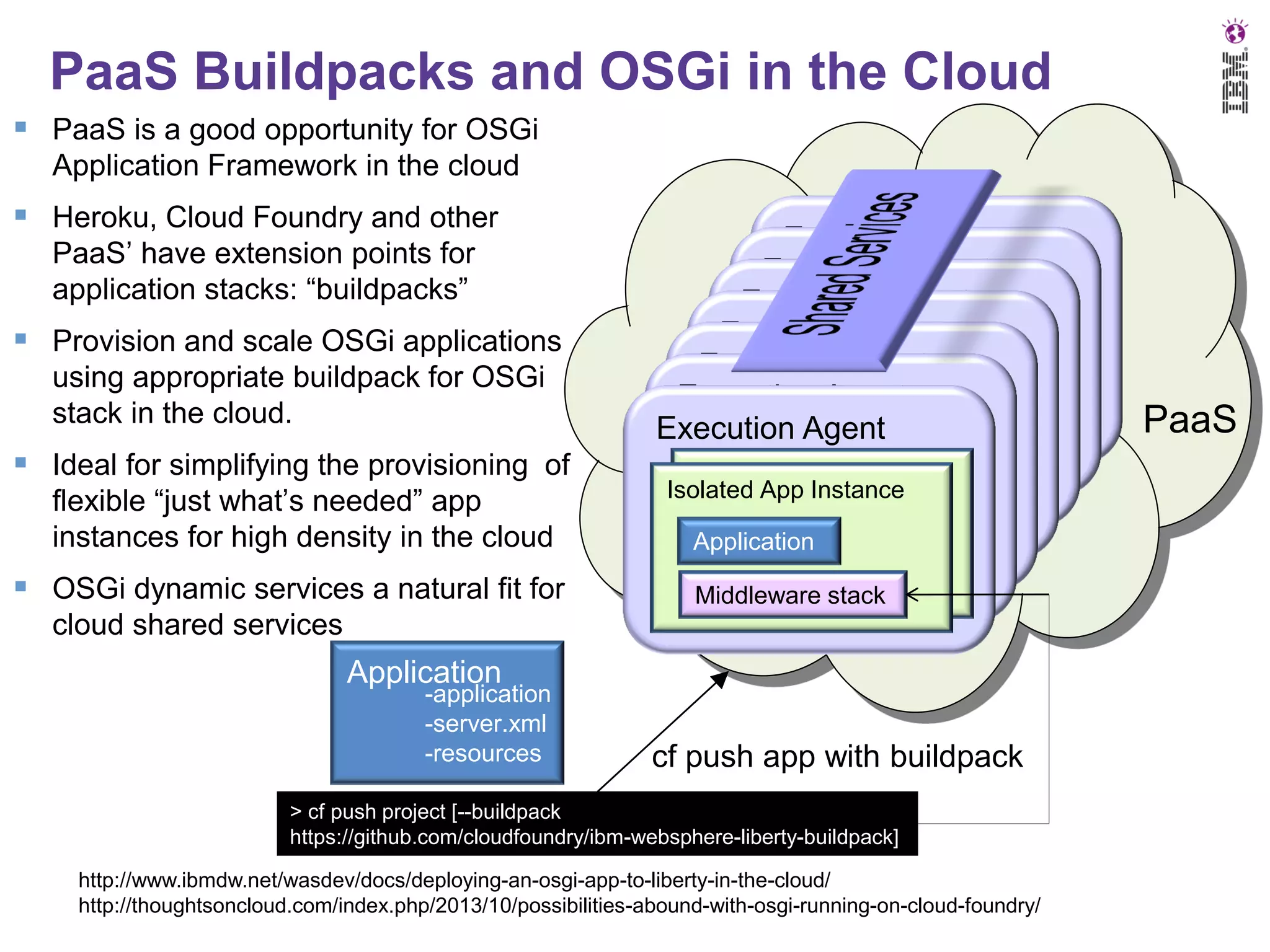 PaaS Buildpacks and OSGi in the Cloud
 PaaS is a good opportunity for OSGi
Application Framework in the cloud

 Heroku, Cloud Foundry and other
PaaS’ have extension points for
application stacks: “buildpacks”

 Provision and scale OSGi applications
using appropriate buildpack for OSGi
stack in the cloud.

 Ideal for simplifying the provisioning of
flexible “just what’s needed” app
instances for high density in the cloud

 OSGi dynamic services a natural fit for

Execution Agent
Execution Agent
Isolated
Execution Address Space
Agent
Isolated Address Space
Execution Agent
Application
Isolated Address Space
Execution Agent
ApplicationSpace
Isolated Middleware stack
Execution Address
Agent
ApplicationSpace
Isolated Middleware stack
Address
Execution Agent
Application
Isolated Middleware stack
Address Space
Application
Isolated App Instance
Isolated Middleware stack
App Instance
Application
Middleware stack
Application stack
Middleware
Middleware stack

cloud shared services

Application

-application
-server.xml
-resources

cf push app with buildpack

> cf push project [--buildpack
https://github.com/cloudfoundry/ibm-websphere-liberty-buildpack]

http://www.ibmdw.net/wasdev/docs/deploying-an-osgi-app-to-liberty-in-the-cloud/
http://thoughtsoncloud.com/index.php/2013/10/possibilities-abound-with-osgi-running-on-cloud-foundry/

PaaS

 