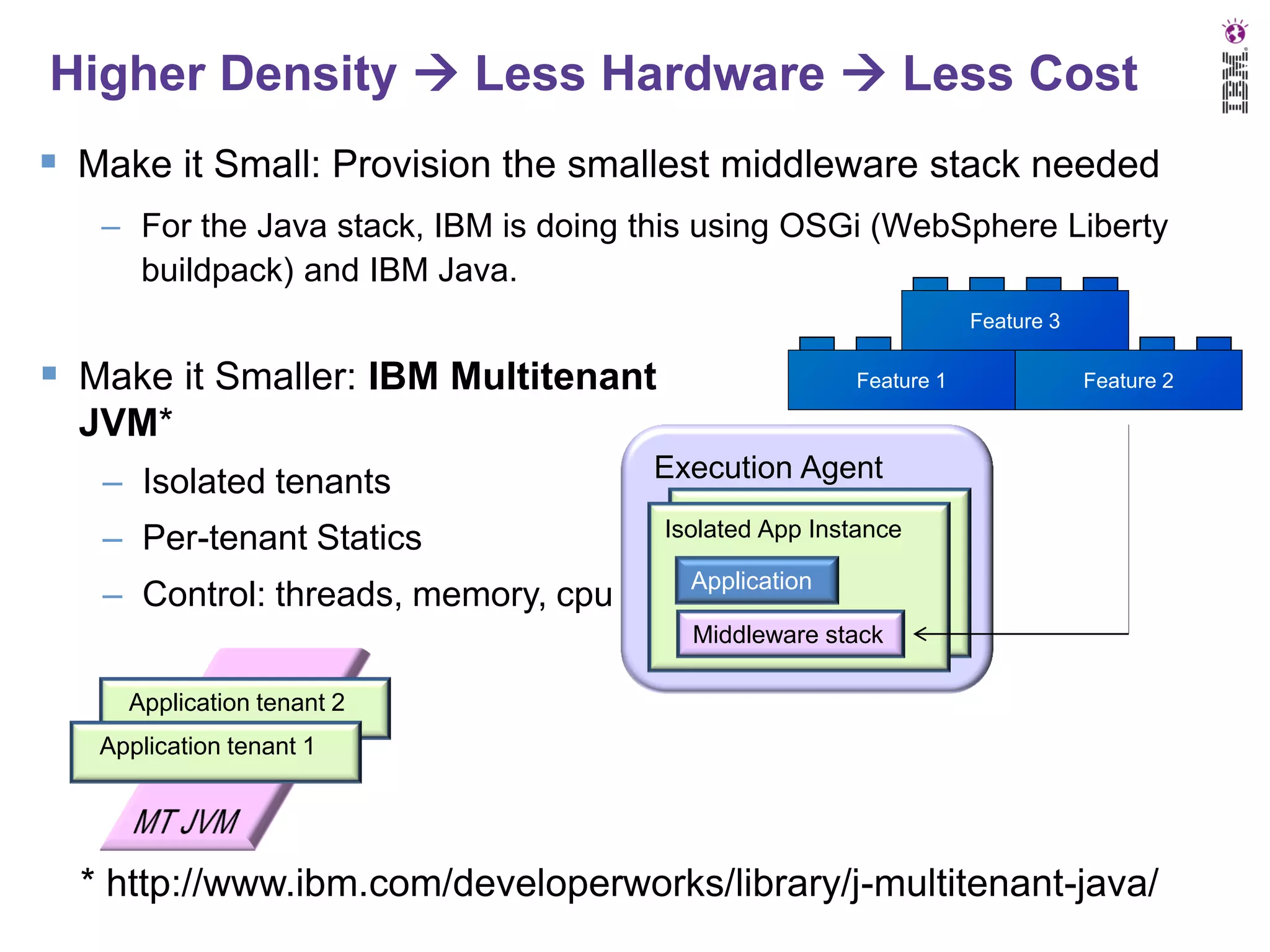 Higher Density  Less Hardware  Less Cost
 Make it Small: Provision the smallest middleware stack needed
– For the Java stack, IBM is doing this using OSGi (WebSphere Liberty
buildpack) and IBM Java.
Feature 3

 Make it Smaller: IBM Multitenant

Feature 1

Feature 2

JVM*
– Isolated tenants
– Per-tenant Statics

– Control: threads, memory, cpu

Execution Agent
Isolated App Instance
Isolated App Instance

Application
Middleware stack

Application tenant 2

Application tenant 1

* http://www.ibm.com/developerworks/library/j-multitenant-java/

 