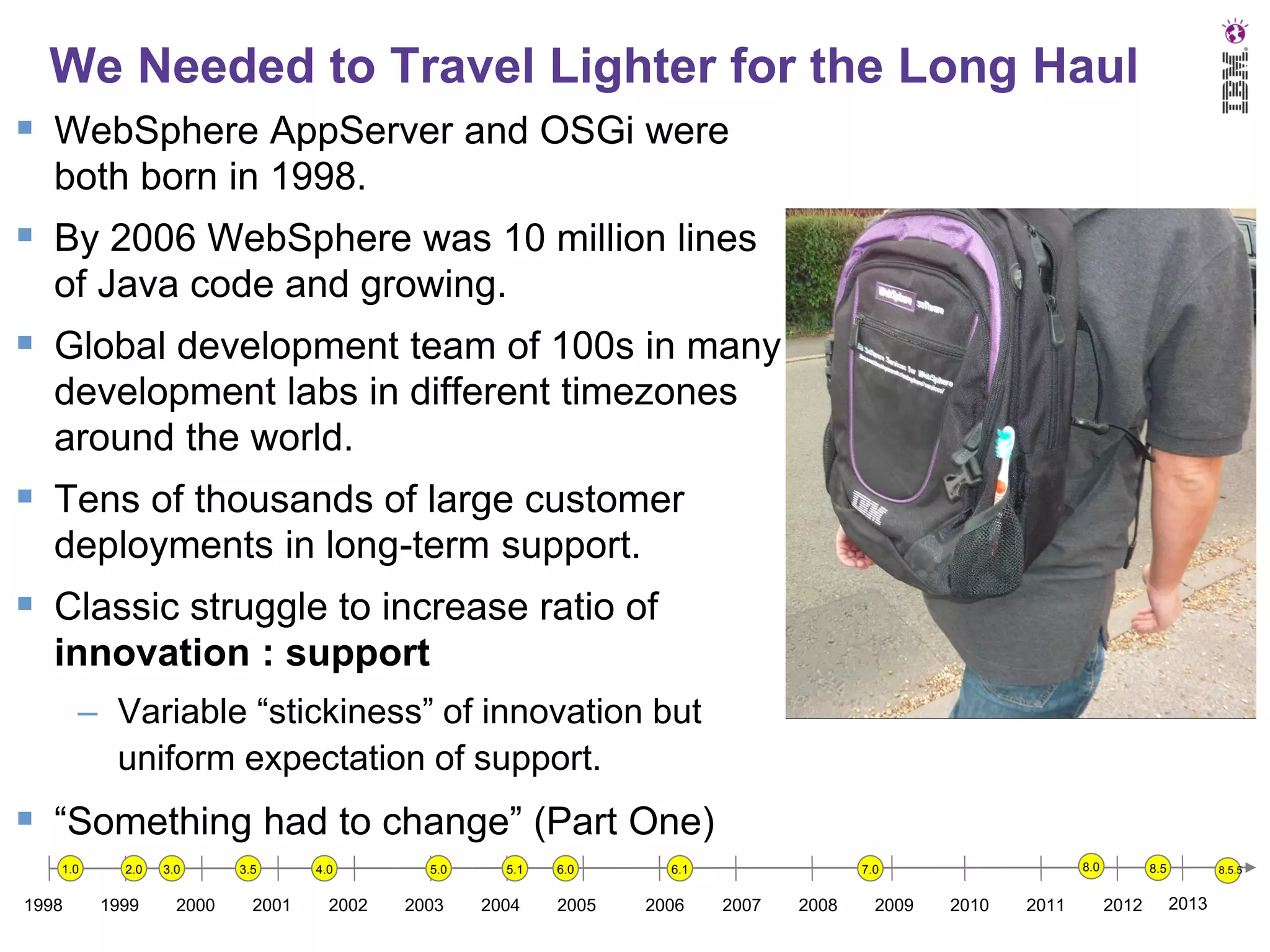 We Needed to Travel Lighter for the Long Haul
 WebSphere AppServer and OSGi were
both born in 1998.

 By 2006 WebSphere was 10 million lines
of Java code and growing.

 Global development team of 100s in many
development labs in different timezones
around the world.

 Tens of thousands of large customer
deployments in long-term support.

 Classic struggle to increase ratio of
innovation : support
– Variable “stickiness” of innovation but
uniform expectation of support.

 “Something had to change” (Part One)
1.0

1998

2.0

1999

3.0

2000

3.5

2001

4.0

2002

5.0

5.1

2003

2004

6.0

2005

6.1

2006

8.0

7.0

2007

2008

2009

2010

2011

8.5

2012

8.5.5

2013

 