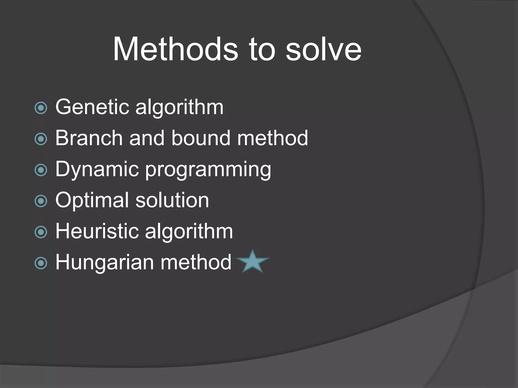 Methods to solve
 Genetic algorithm
 Branch and bound method
 Dynamic programming
 Optimal solution
 Heuristic algorithm
 Hungarian method
 