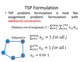 TSP Formulation
• TSP problem formulation is look like
assignment problem formulation with
additional constraints.
𝑥𝑖𝑗 = 0 𝑂𝑟 1
A
E
D
C
B
 