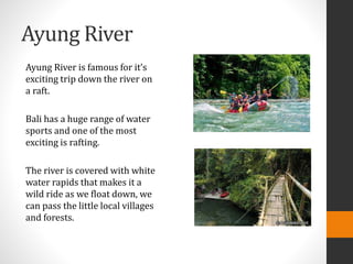 Ayung River
Ayung River is famous for it’s
exciting trip down the river on
a raft.
Bali has a huge range of water
sports and one of the most
exciting is rafting.
The river is covered with white
water rapids that makes it a
wild ride as we float down, we
can pass the little local villages
and forests.
 