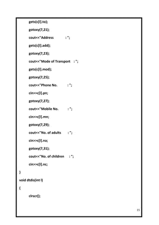 gets(c[l].to);

      gotoxy(7,21);

      cout<<"Address           : ";

      gets(c[l].add);

      gotoxy(7,23);

      cout<<"Mode of Transport : ";

      gets(c[l].mod);

      gotoxy(7,25);

      cout<<"Phone No.          : ";

      cin>>c[l].pn;

      gotoxy(7,27);

      cout<<"Mobile No.          : ";

      cin>>c[l].mn;

      gotoxy(7,29);

      cout<<"No. of adults       : ";

      cin>>c[l].na;

      gotoxy(7,31);

      cout<<"No. of children      : ";

      cin>>c[l].nc;

}

void dtdis(int l)

{

      clrscr();


                                         15
 