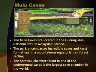 Mulu Caves
• The Mulu Caves are located in the Gunung Mulu
National Park in Malaysian Borneo.
• The park encompasses incredible caves and karst
formations in a mountainous equatorial rainforest
setting.
• The Sarawak chamber found in one of the
underground caves is the largest cave chamber in
the world.
 