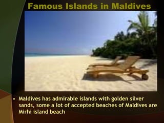 Famous Islands in Maldives
• Maldives has admirable islands with golden silver
sands, some a lot of accepted beaches of Maldives are
Mirhi island beach
 