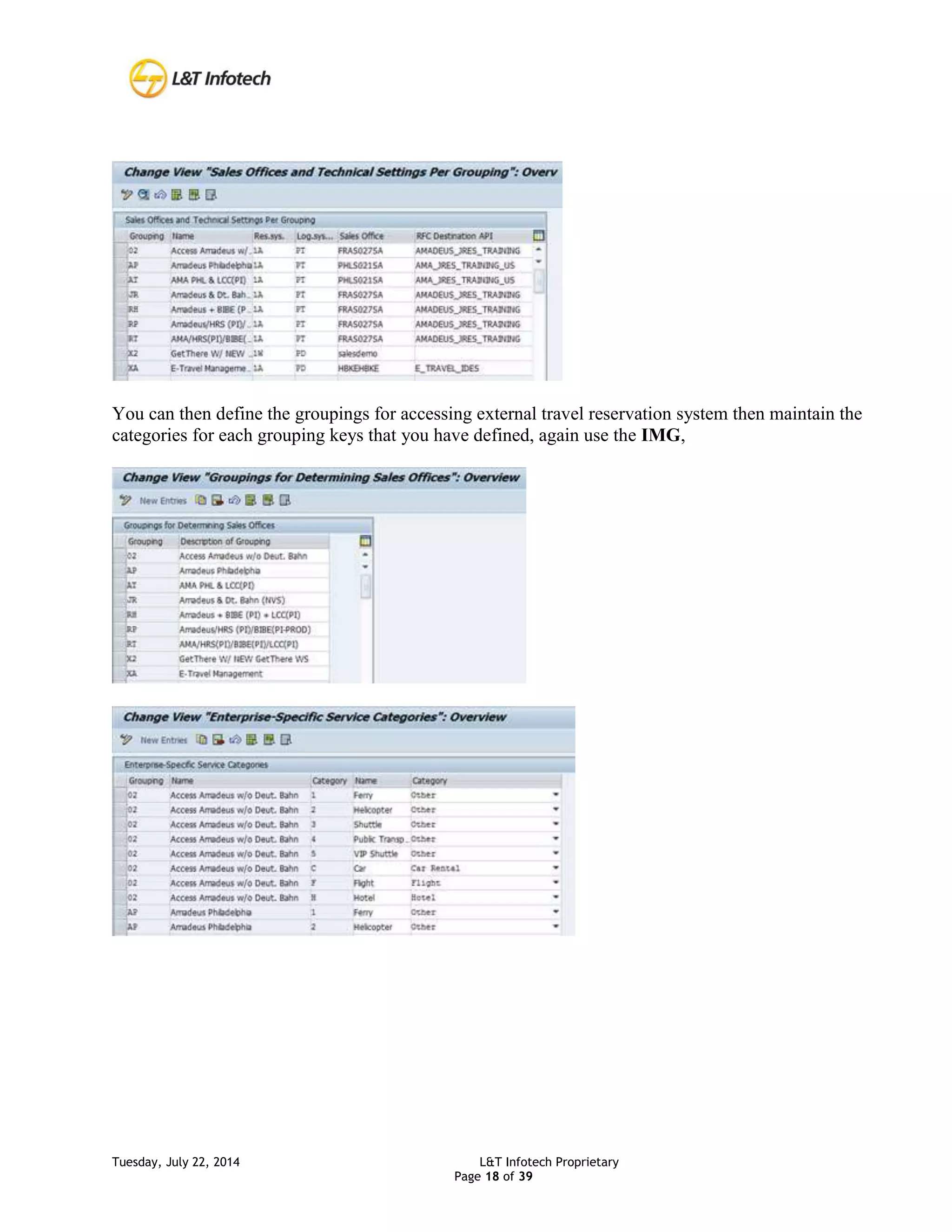 Tuesday, July 22, 2014 L&T Infotech Proprietary
Page 18 of 39
You can then define the groupings for accessing external travel reservation system then maintain the
categories for each grouping keys that you have defined, again use the IMG,
 