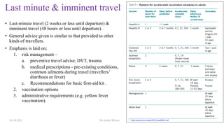 Last minute & imminent travel
• Last-minute travel (2 weeks or less until departure) &
imminent travel (48 hours or less until departure).
• General advice given is similar to that provided to other
kinds of travellers.
• Emphasis is laid on;
1. risk management –
a. preventive travel advise, DVT, trauma
b. medical prescriptions - pre-existing conditions,
common ailments during travel (travellers’
diarrhoea or fever)
c. Recommendations for basic first-aid kit .
2. vaccination options
3. administrative requirements (e.g. yellow fever
vaccination).
26-10-2021 Dr.Anitha Wilson 28
 