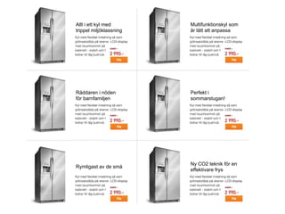 Allt i ett kyl med
trippel miljöklassning
Multifunktionskyl som
är lätt att anpassa
Räddaren i nöden
för barnfamiljen
Perfekt i
sommarstugan!
Rymligast av de små
Ny CO2 teknik för en
effektivare frys
 
