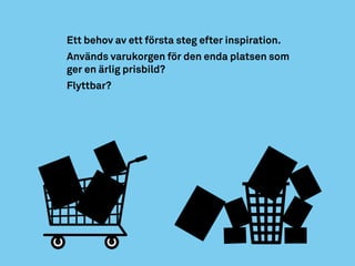 Ett behov av ett första steg efter inspiration.
Används varukorgen för den enda platsen som
ger en ärlig prisbild?
Flyttbar?
 
