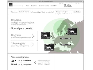 SAS - The Scandinavian airline
Zürich tomorrow
Check in
Travel EuroBonus Customer service About SAS
English Hello, Jaan
45 750Only 4 250 to maintain Gold >
BuyDublin
Hej Jaan,
We hope you enjoyed Zürich
You earned 1.500 EuroBonus points
Upgrade
to Business on your next flight >
BuyBarcelona
BuyRiga
BuyBerlin
BuyRome
Spend your points:
2 free nights
at one of our hotel partners >
Your upcoming trips:
10.15 Arlanda ARN
12.30 Chicago ORD
Terminal 5
Terminal 2
Seeking inspiration? Search by date only.
Flying from where would you like to go, and when? Chicago in early AprilStockholm Arlanda Find
or
SK945 Upgrade
Upgrade to Economy Plus
with free wifi on the flight
10.000 pts
>
 
