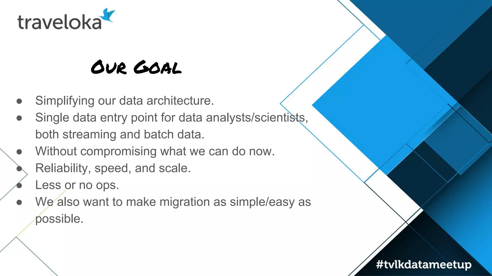 Our Goal
● Simplifying our data architecture.
● Single data entry point for data analysts/scientists,
both streaming and batch data.
● Without compromising what we can do now.
● Reliability, speed, and scale.
● Less or no ops.
● We also want to make migration as simple/easy as
possible.
 
